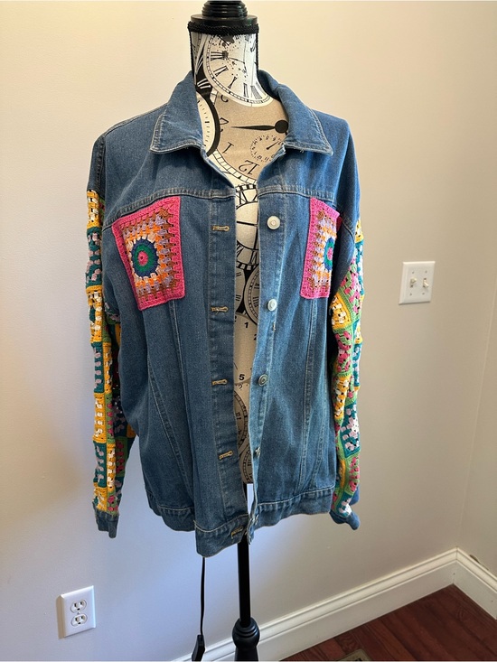 Fantastic Fawn Jackets & Blazers - Fantastic Fawn Light Blue Denim Jacket with Crochet Sleeves